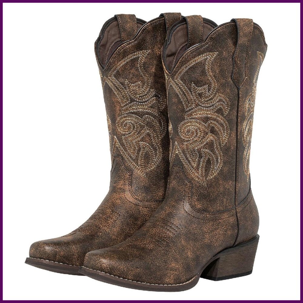 Women's Square Toe Cowboy Boots Mid Wide Calf Distressed Western